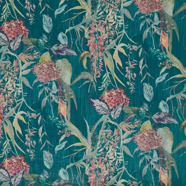 Material tapiterie cu design floral Botanist Cerulean