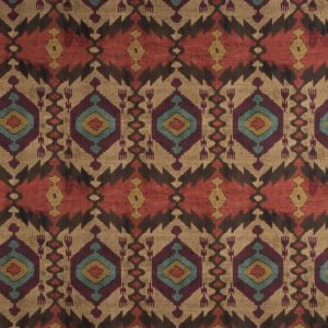 Material tapițerie cu model etnic TANIR Brown, desen ikat în tonuri pământii pe bază de bumbac texturat