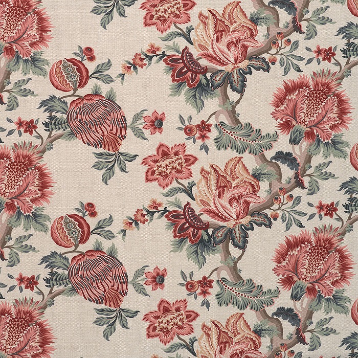Model floral Artissima Coral Sky, detaliu țesătură în nuanțe de coral, verde și crem